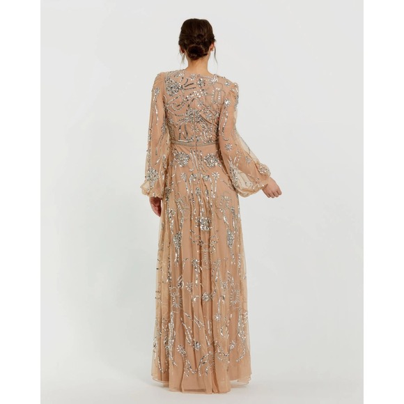 Mac Duggal Beige Embellished High Neck Puff Sleeve Gown $698 - Size 14 - Picture 9 of 14